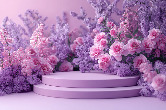 產品展示臺上的自然魅力 花卉背景與苗木展示的和諧共生